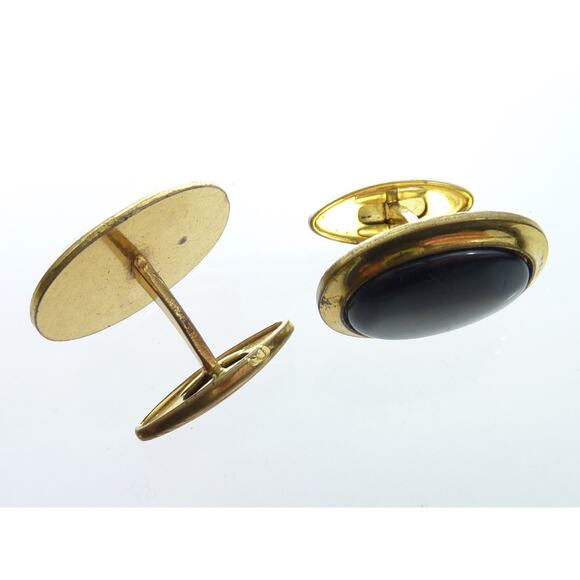Vintage Black Gray Cats Eye Gold Tone Tuxedo Cufflinks - Picture 4 of 4